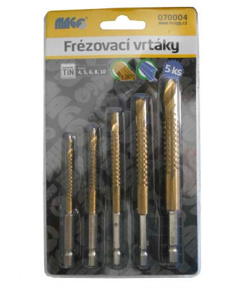 Frézovací vrtáky TiN sada - 5 ks (4,5,6,8,10mm)