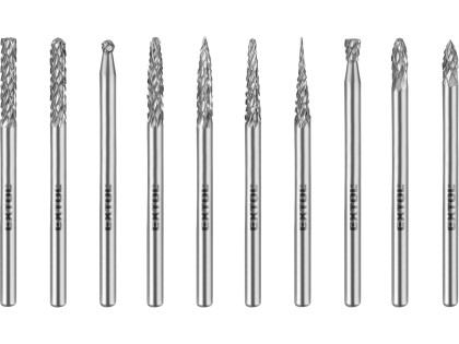 Frézy mini, karbidové, sada 10ks, ⌀3mm, sek střední (double-cut)