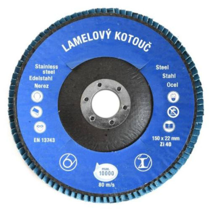 Lamelový brusný kotouč Zirkon Ø150 x 22 mm, zrnitost 40
