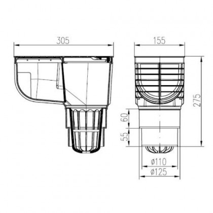 Lapač střešních splavenin přímý DN Ø 125/110 mm, černá, ENPRO