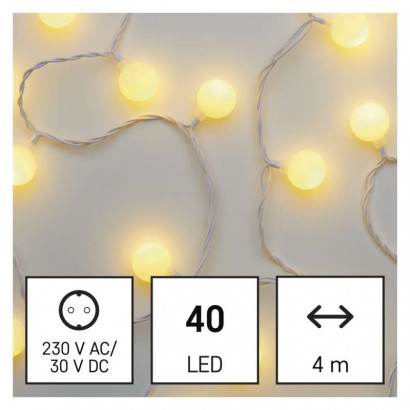 LED světelný cherry řetěz – kuličky 2,5 cm, 4 m, venkovní i vnitřní, teplá bílá, časovač