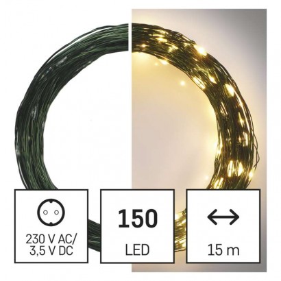 LED vánoční nano řetěz zelený, 15 m, venkovní i vnitřní, teplá bílá, časovač