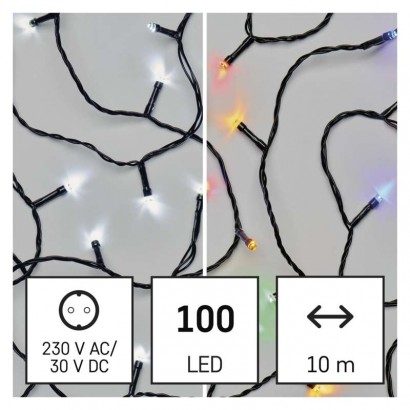 LED vánoční řetěz 2v1, 10 m, venkovní i vnitřní, studená bílá/multicolor, programy