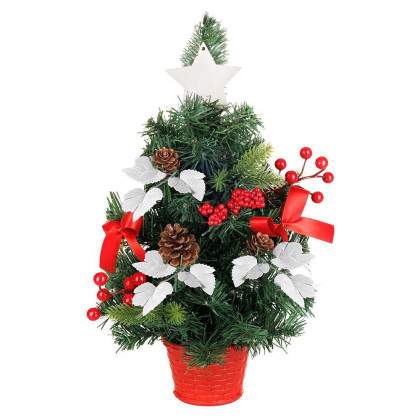 Mini stromek MagicHome ozdobený, červený, s listy, 40cm