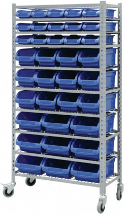 Pojízdný kovový policový regál s plastovými boxy 36 ks, 10 polic (10/36) - SBRHD3691