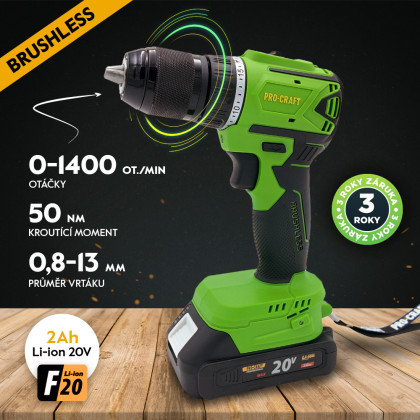 PROCRAFT PA18LiN Aku šroubovák 20V 2Ah bezuhlíkový