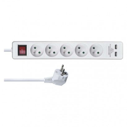 Prodlužovací kabel s vypínačem – 5 zásuvek, 3m, bílý, 2× USB