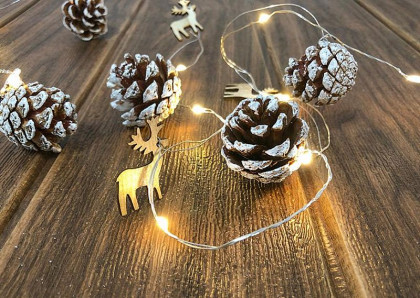 Řetěz MagicHome zasněžené šišky, 20 LED teplá bílá, 2xAA, jednoduché svícení, 1,9 m \\71105