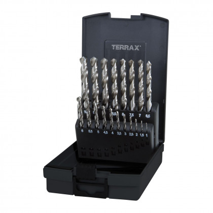Sada vybrušovaných vrtáků do kovu Terrax HSS-G 19 dílů | 1-10 mm, plastový box