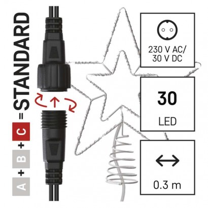 Standard LED spojovací vánoční hvězda, 28,5 cm, venkovní i vnitřní, studená bílá, časovač