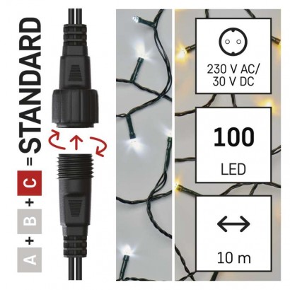 Standard LED spojovací vánoční řetěz, 10 m, venkovní, teplá/studená bílá, časovač