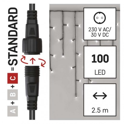 Standard LED spojovací vánoční řetěz – rampouchy, 2,5 m, venkovní, studená bílá, časovač