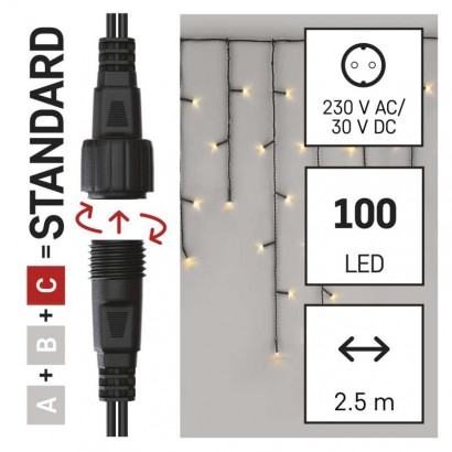 Standard LED spojovací vánoční řetěz – rampouchy, 2,5 m, venkovní, teplá bílá, časovač