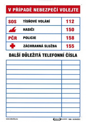 Tabulka důležitých telefoních čísel 210x297mm - plastová tabulka