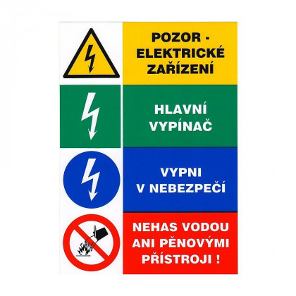 Tabulka - Pozor elektrické zařízení Hlavní vypínač Vypni v nebezpečí Nehas vodou (samolepka A5)
