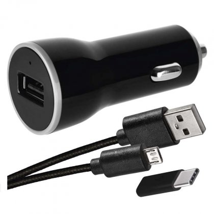 USB adaptér do auta 1A + micro USB kabel + USB-C redukce