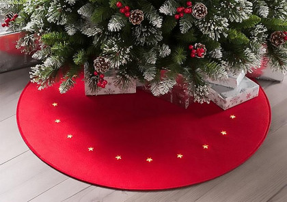 Vánoční koberec pod stromek MagicHome červený s hvězdami, 22xLED, teplá bílá, časovač, 2xAA, 90cm