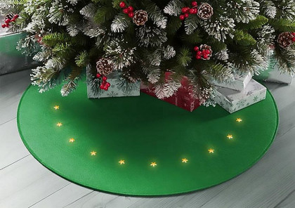 Vánoční koberec pod stromek MagicHome zelený s hvězdami, 22xLED, teplá bílá, časovač, 2xAA, 90cm