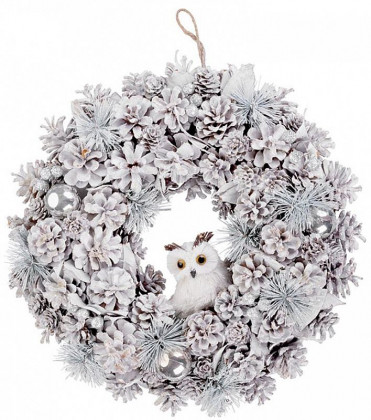 Věnec MagicHome, přírodní, krémový se sovičkou, závěsný, 40 cm
