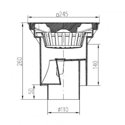 Vpusť kanalizační spodní, D 160 / 110-250 mm, suchá klapka, litinová mřížka, ENPRO