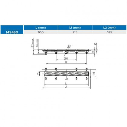 Žlab podlahový linearní 650 mm, D 40 mm, boční, medium mat, ENPRO
