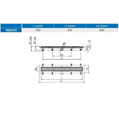 Žlab podlahový lineární 750 mm, D 40 mm, boční, medium mat, černý, ENPRO