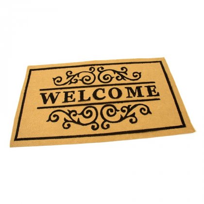 Žlutá textilní vstupní čistící vnitřní rohož Welcome - Deco, FLOMA - délka 45 cm, šířka 75 cm a výška 0,3 cm